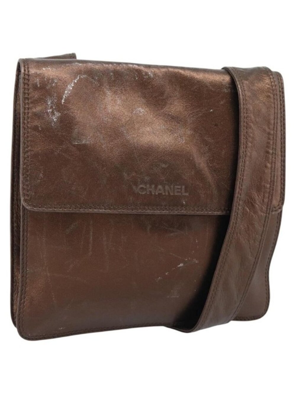 Authentic CHANEL Shoulder Bag Leather Bronze Gold CC
